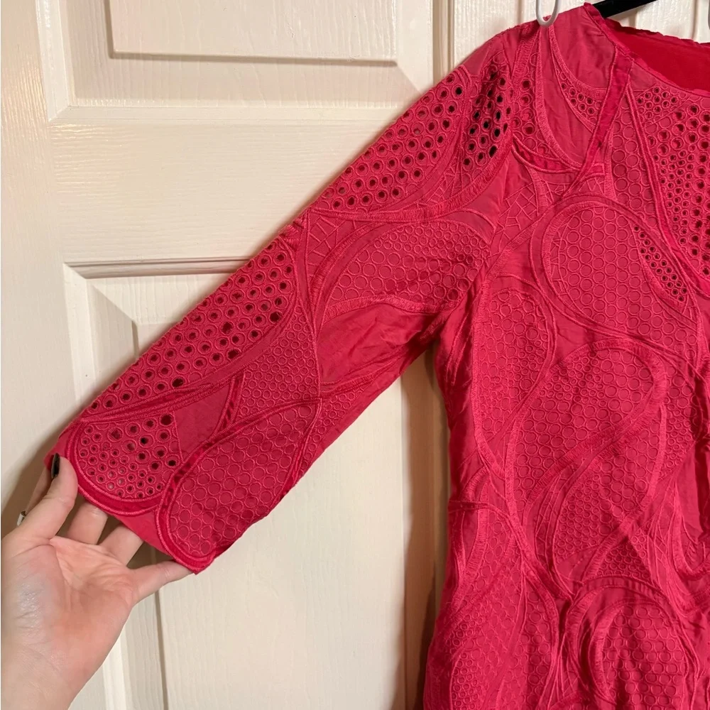 Elie Tahari Cotton/Silk Blend Eyelet Fully Embroidered 1/4 length Sleeve Dress